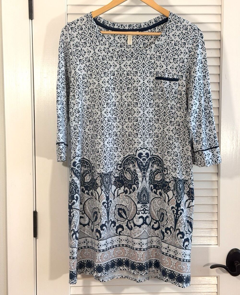 Soma M Sleep Shirt Nightgown Blue White Paisley 3/4 Sleeve Cotton Modal
